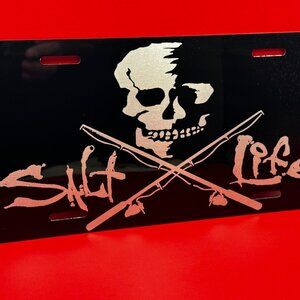 Black Laser engraved SALT LIFE license plate with Skull and fishing poles